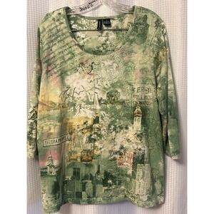 VTG Y2K Green All Over Print San Francisco Womens Blouse Size 1X Jason Maxwell